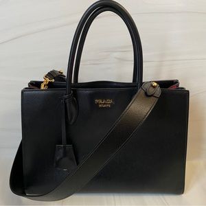 Prada Saffiano Leather Tote Handbag Black & Fiery red